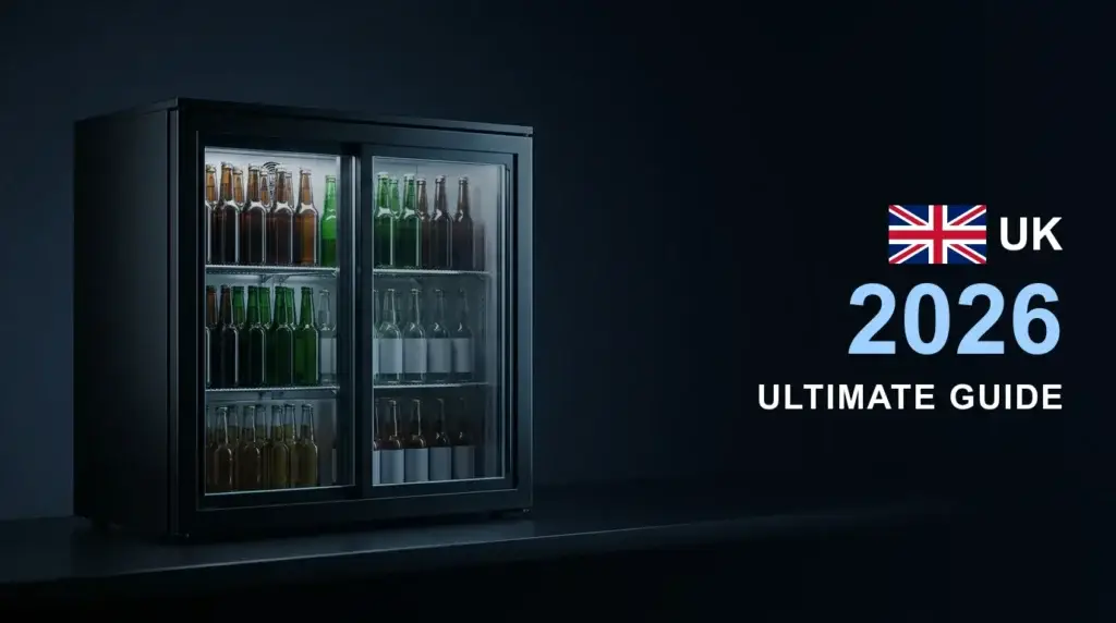 Black undercounter back-bar bottle cooler with sliding glass doors — Commercial Bottle Cooler Buying Guide 2026
