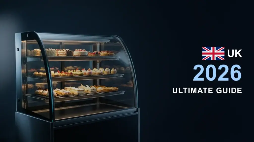 Refrigerated patisserie display cabinet with three lit tiers of cakes — Cake Display Fridge Buying Guide 2026