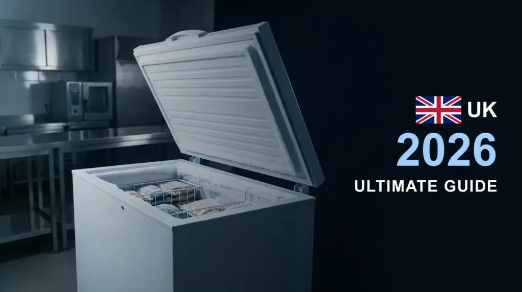 White commercial chest freezer with its lid raised in a stainless kitchen — Commercial Chest Freezer Buying Guide 2026