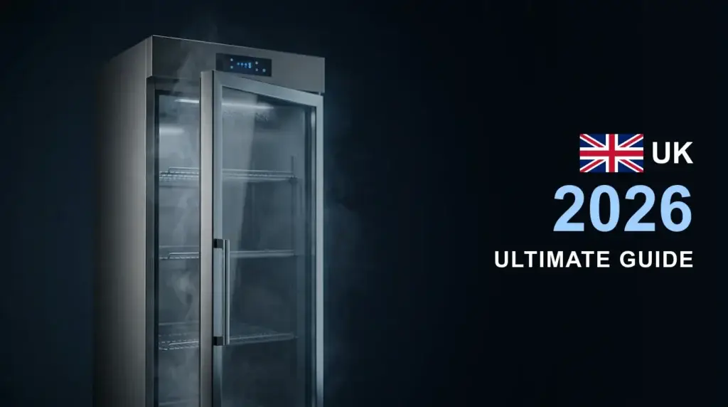 Glass-door commercial fridge with its door ajar and cold vapour drifting out — How to Cut Your Commercial Fridge Energy Bills 2026