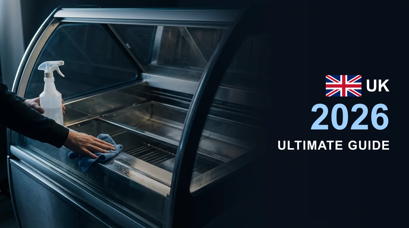 Defrosted ice cream display freezer being wiped down with a cloth and sanitiser — How to Clean a Commercial Ice Cream Freezer 2026