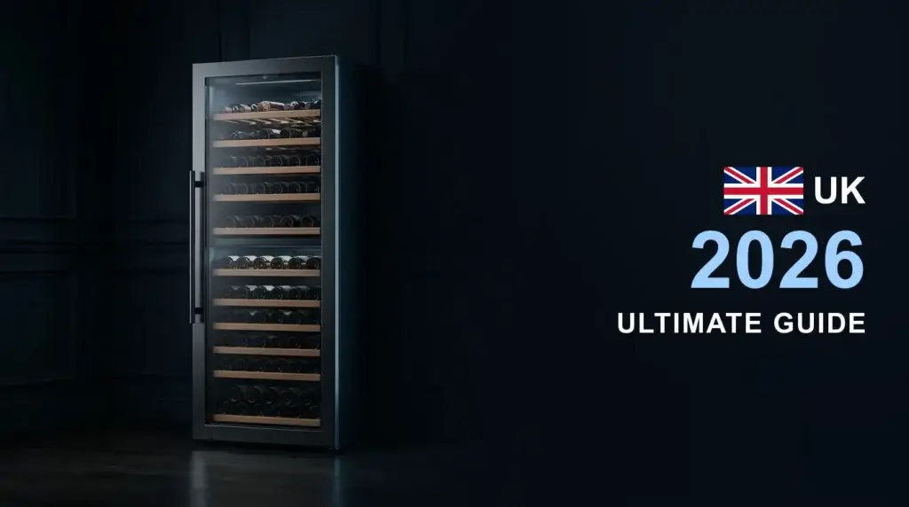 Tall glass-door commercial wine chiller with wooden bottle shelves — Commercial Wine Chillers UK Guide 2026