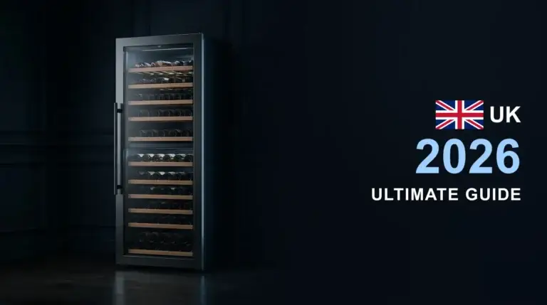 Tall glass-door commercial wine chiller with wooden bottle shelves — Commercial Wine Chillers UK Guide 2026